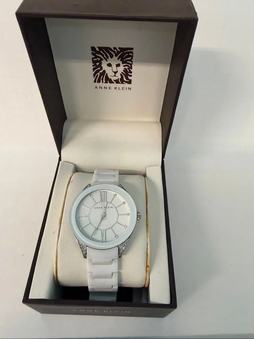 Anne Klein White Ceramic Crystal Watch and box AK-1673WTSV